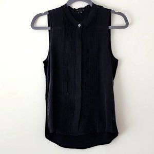 Theory Black Pleated Sheer Front Velvet Back Sleeveless Silk Top Blouse S (A1)